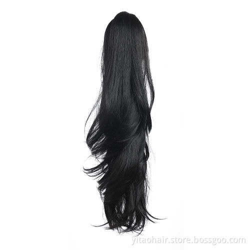 Long Wavy Black Ponytail Claw Hair 24 Inch Long Wave Ponytail hair Extension Synthetic Wrap Around Drawstring Hair with 1Clips